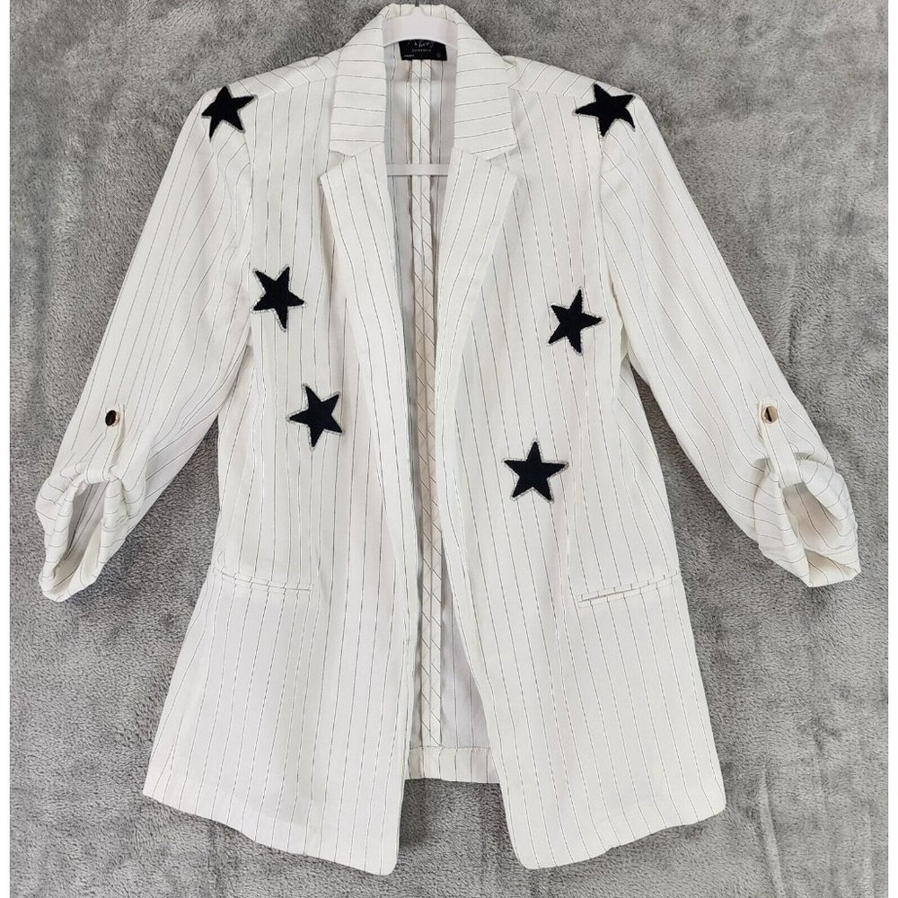 Milk & Honey Outerwear Jacket Womens White Black Stripe Star Open Front Blazer